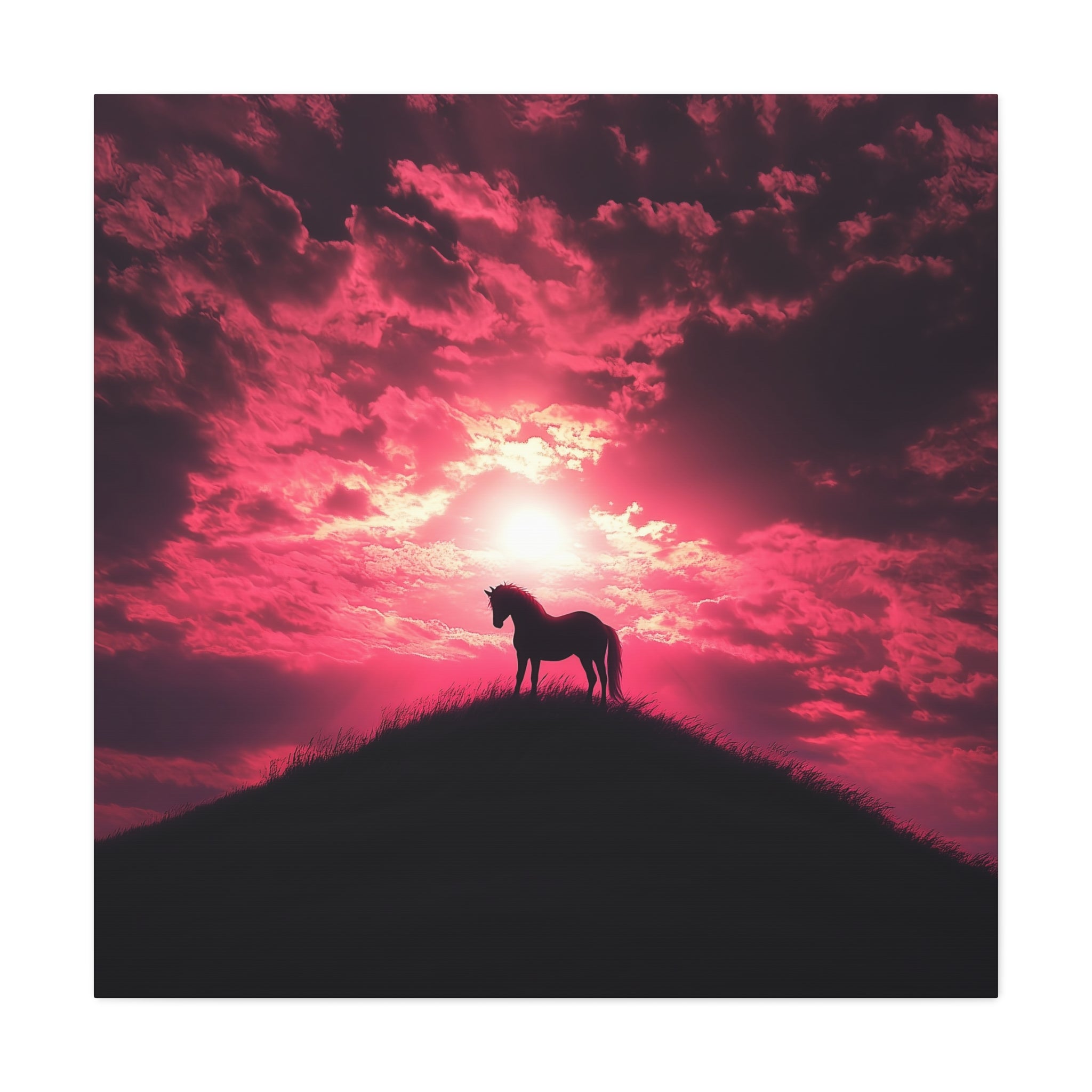 Canvas Wall Art - Majestic Horse Silhouette in Pink Sunset, Horse Decor, Equine Art, Home Decoration, Gift for Horse Lovers