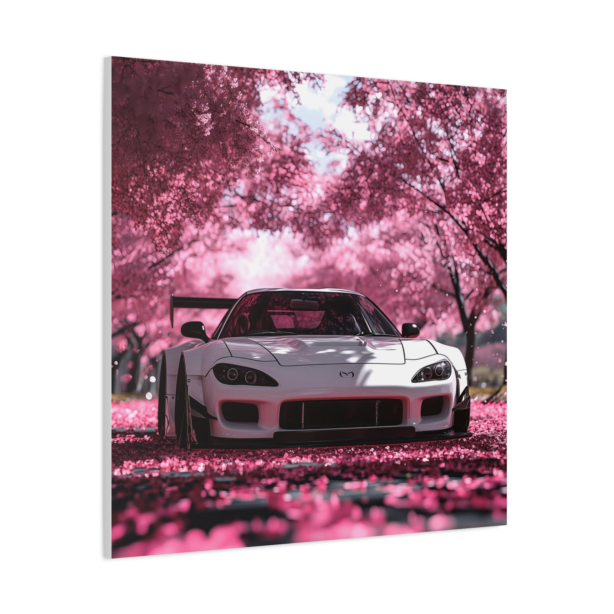 Stretched Canvas Art - White Mazda RX7 in Pink Cherry Blossom Scene