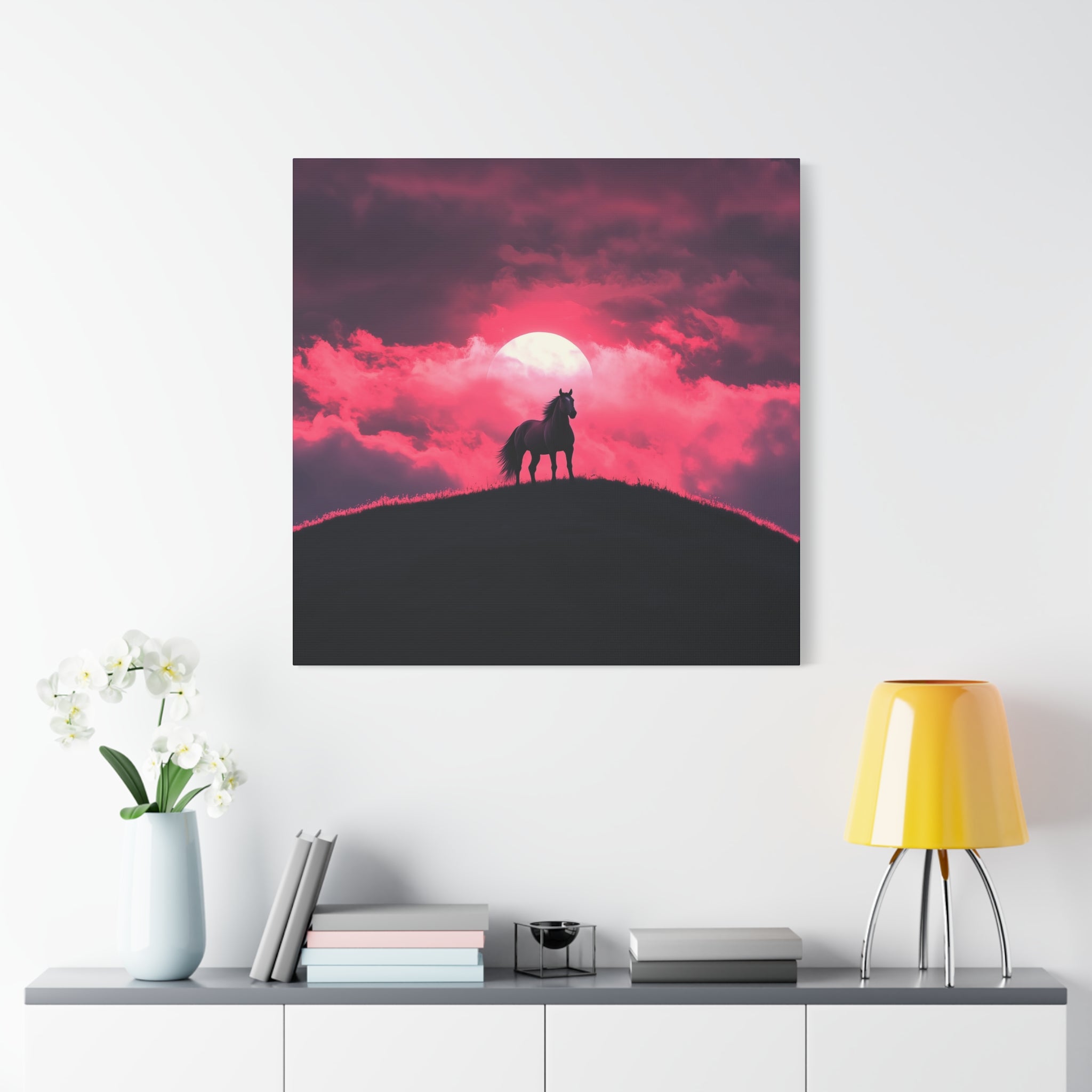 Canvas Wall Art - Majestic Horse Silhouette Against a Beautiful Pink Sunset