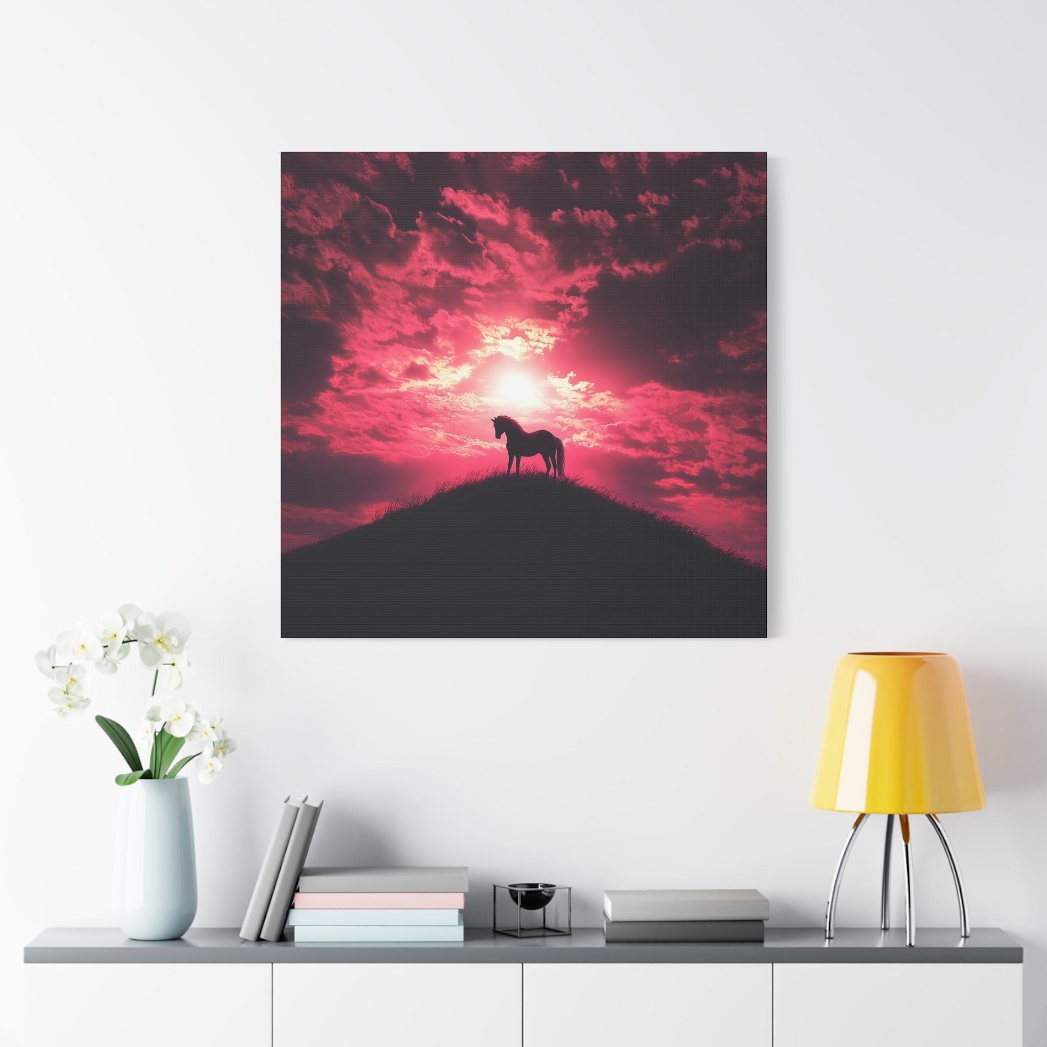 Canvas Wall Art - Majestic Horse Silhouette in Pink Sunset, Horse Decor, Equine Art, Home Decoration, Gift for Horse Lovers