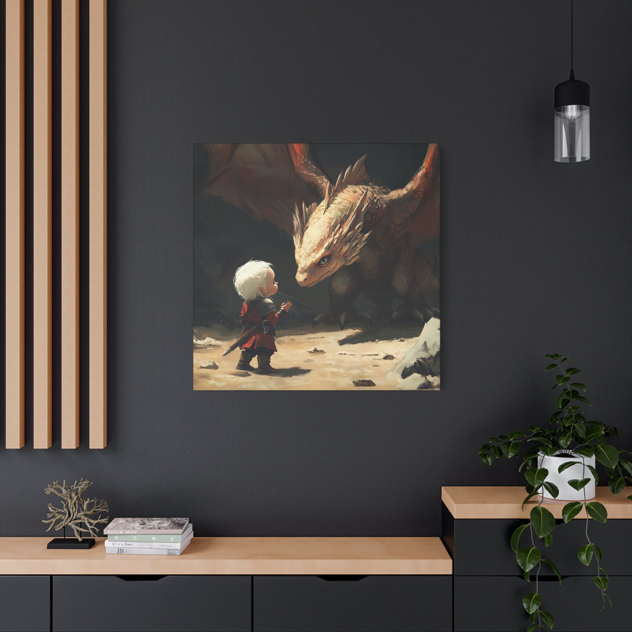 Baby Witcher Facing a Baby Wyvern Fantasy Adventure Canvas Art, Whimsical Wall Decor, Kids Room Decor, Birthday Gift, Game Room Art