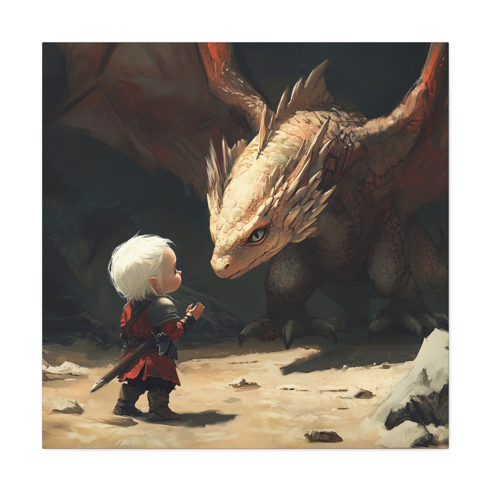 Baby Witcher Facing a Baby Wyvern Fantasy Adventure Canvas Art, Whimsical Wall Decor, Kids Room Decor, Birthday Gift, Game Room Art