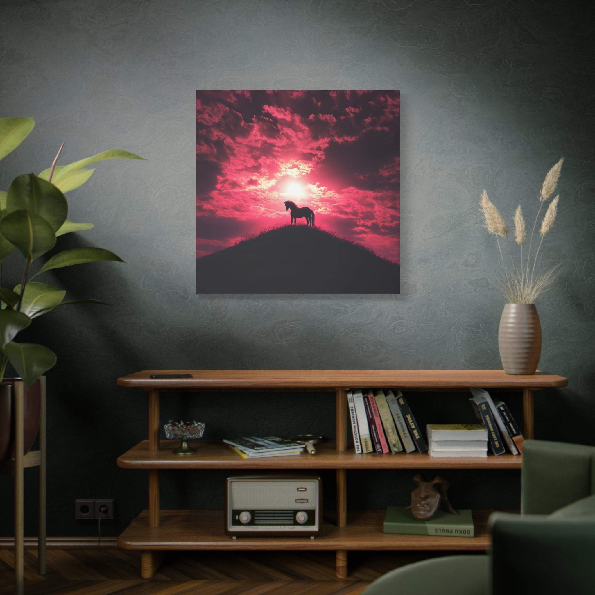 Canvas Wall Art - Majestic Horse Silhouette in Pink Sunset, Horse Decor, Equine Art, Home Decoration, Gift for Horse Lovers