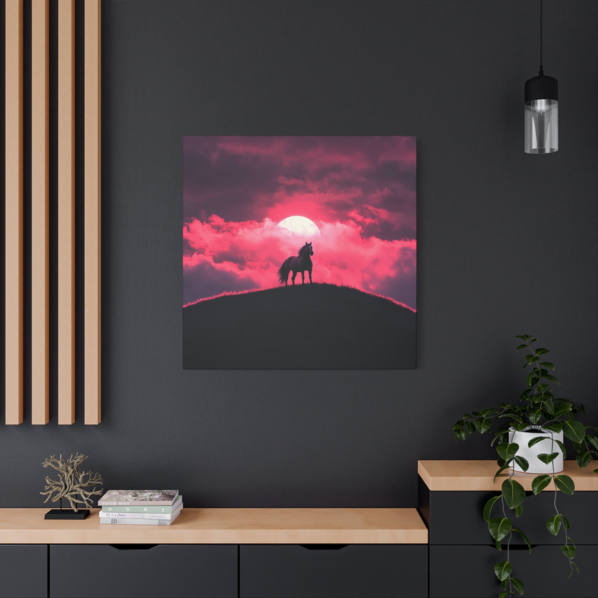 Canvas Wall Art - Majestic Horse Silhouette Against a Beautiful Pink Sunset