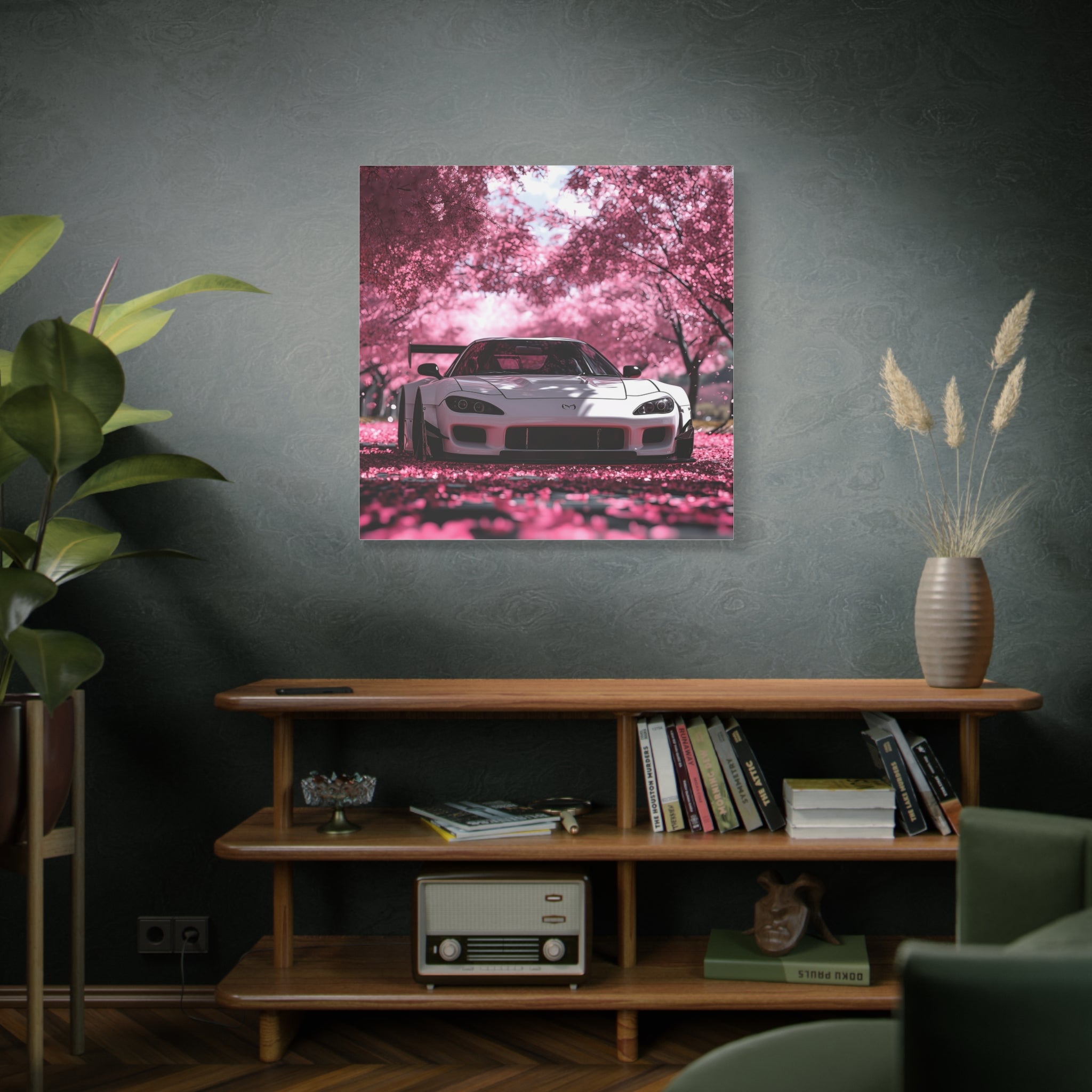 Stretched Canvas Art - White Mazda RX7 in Pink Cherry Blossom Scene
