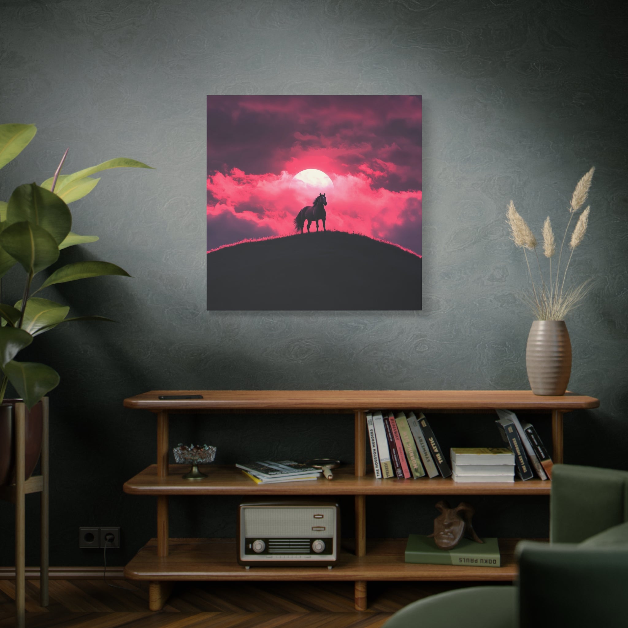 Canvas Wall Art - Majestic Horse Silhouette Against a Beautiful Pink Sunset