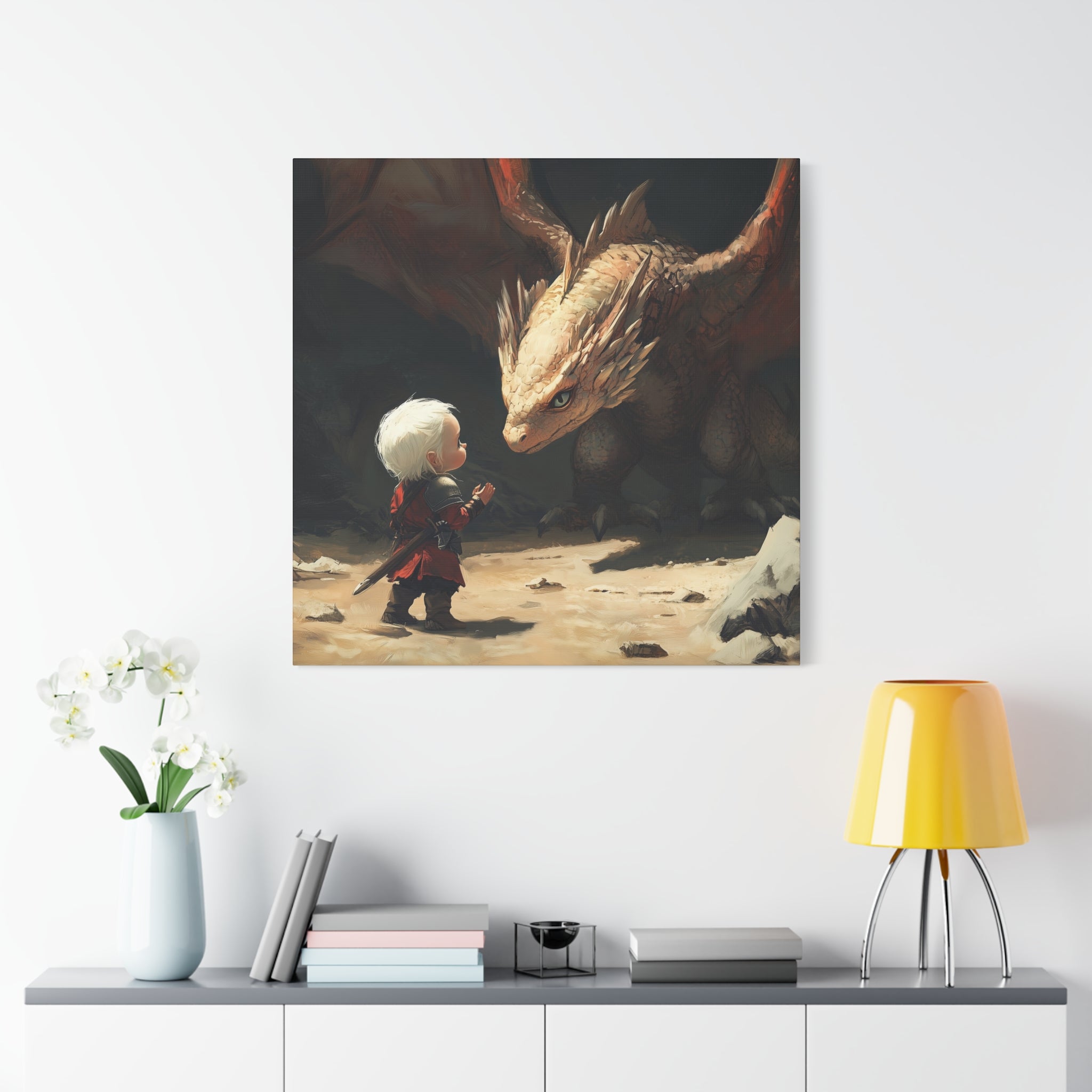 Baby Witcher Facing a Baby Wyvern Fantasy Adventure Canvas Art, Whimsical Wall Decor, Kids Room Decor, Birthday Gift, Game Room Art