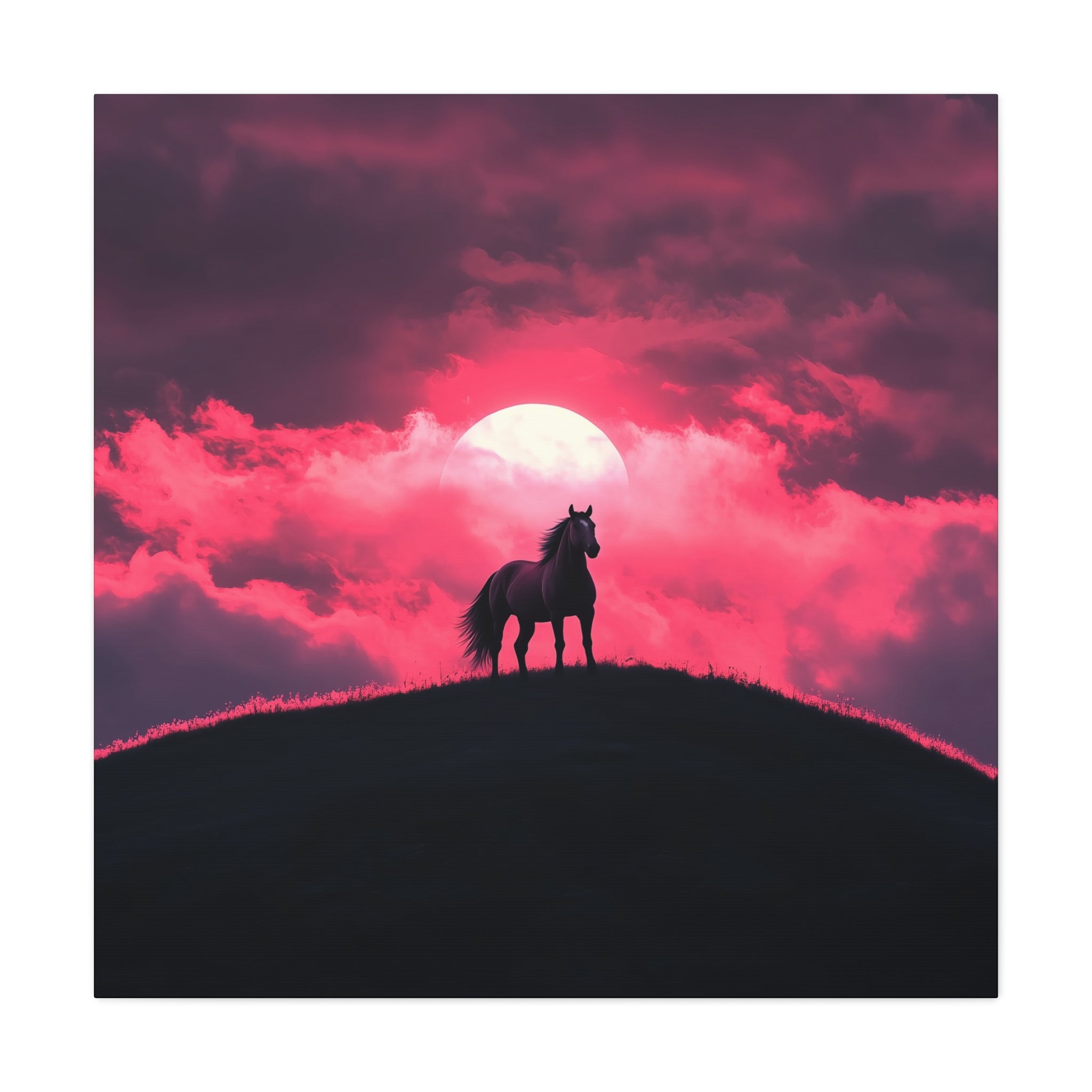 Canvas Wall Art - Majestic Horse Silhouette Against a Beautiful Pink Sunset