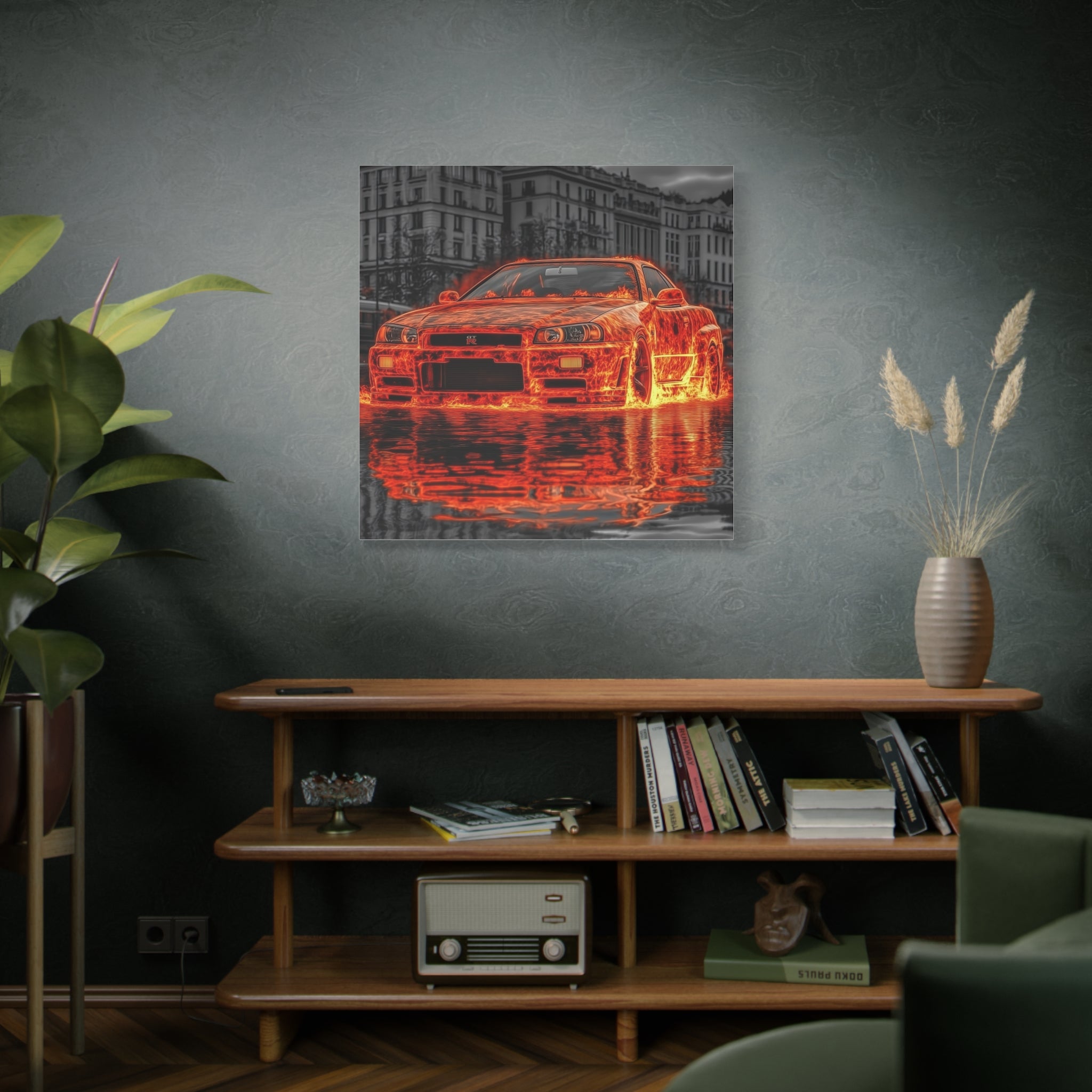 Nissan R34 GTR on Fire canvas print