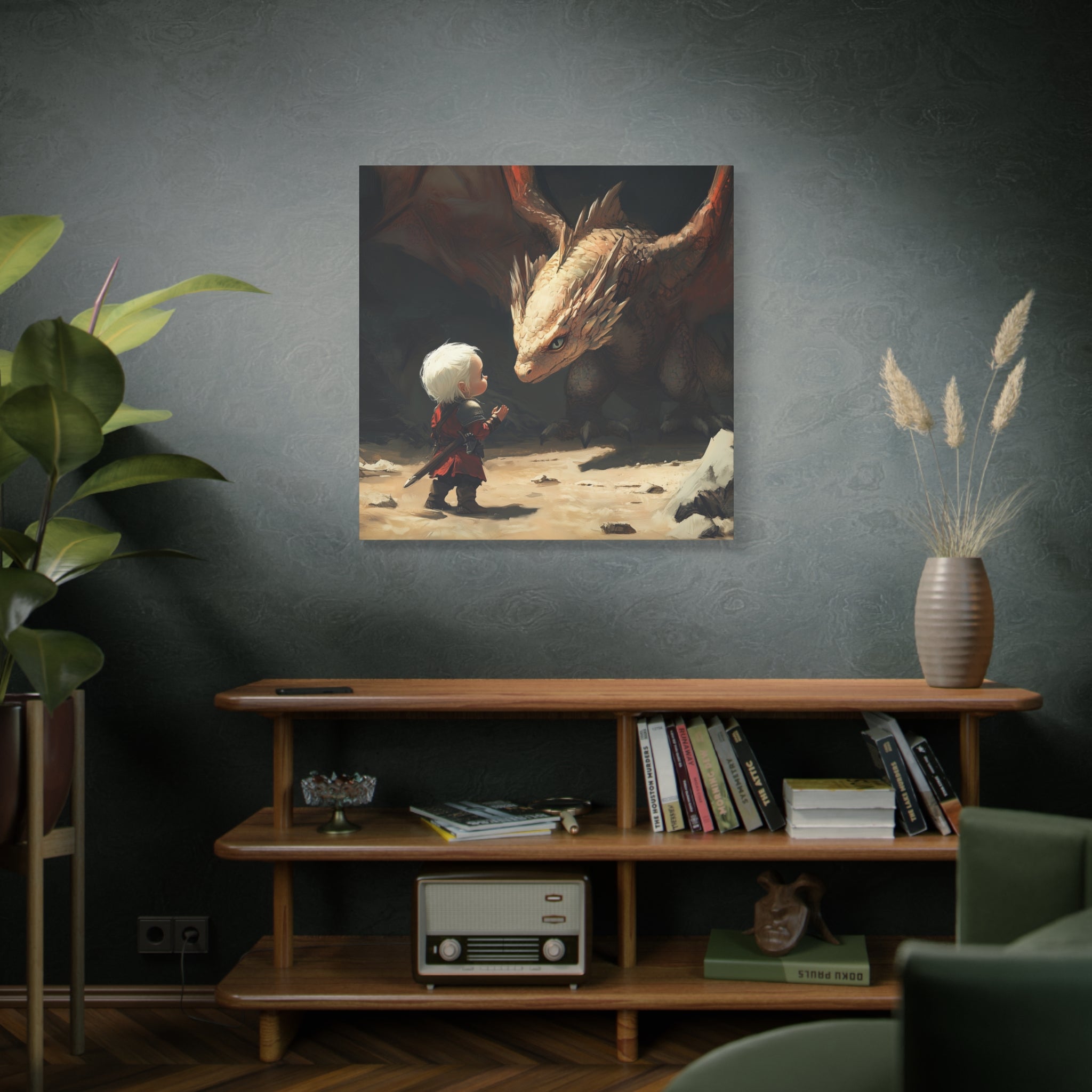 Baby Witcher Facing a Baby Wyvern Fantasy Adventure Canvas Art, Whimsical Wall Decor, Kids Room Decor, Birthday Gift, Game Room Art