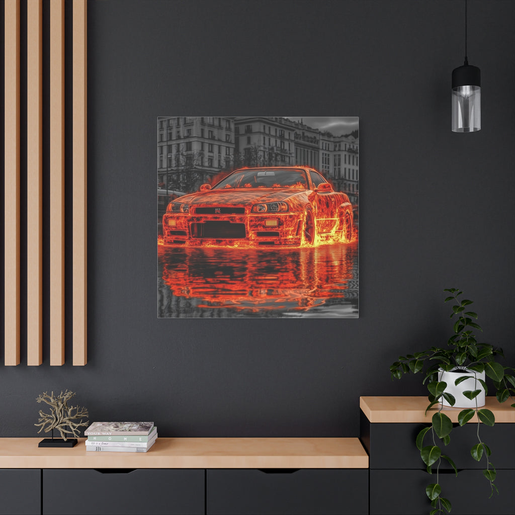 Nissan R34 GTR on Fire canvas print