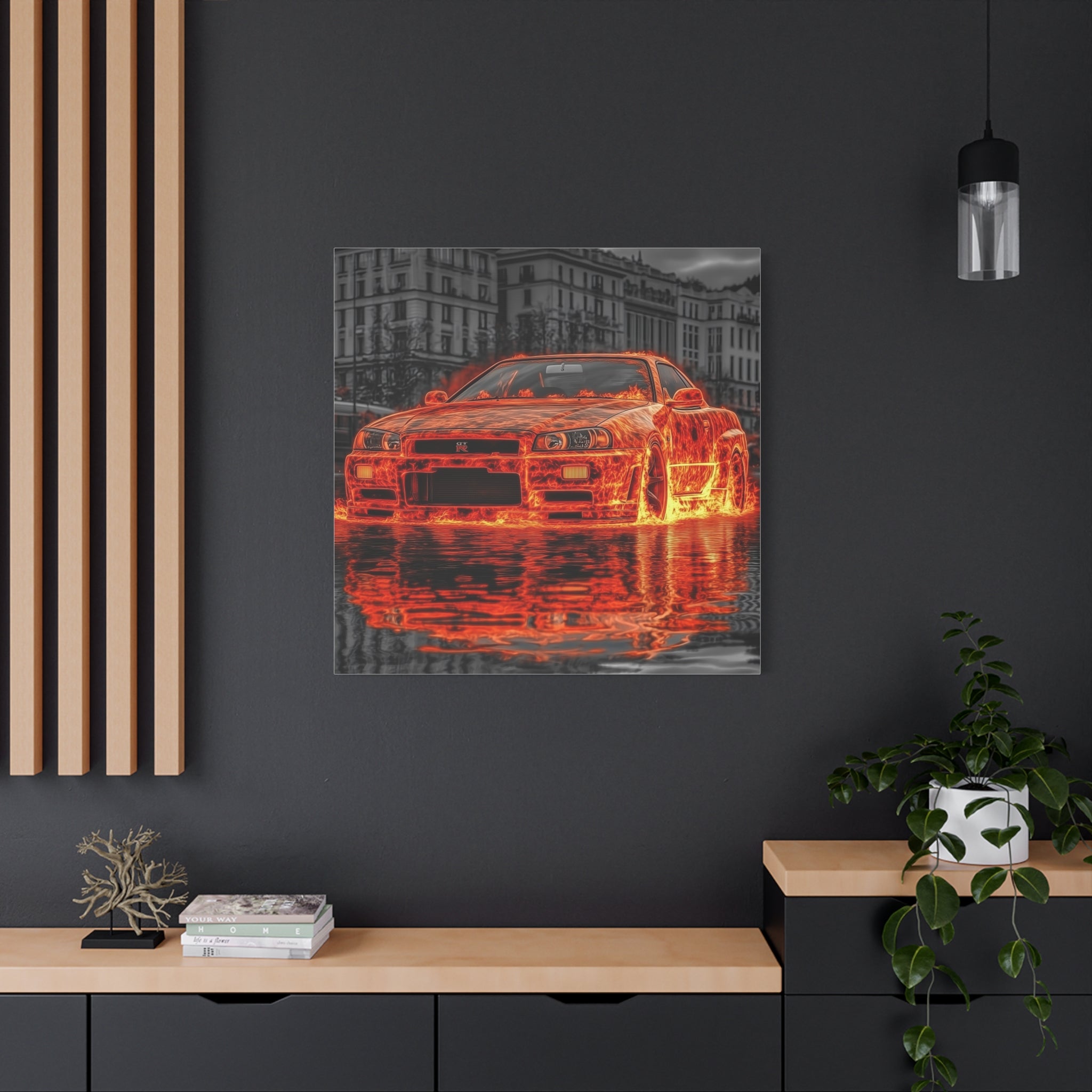 Nissan R34 GTR on Fire canvas print