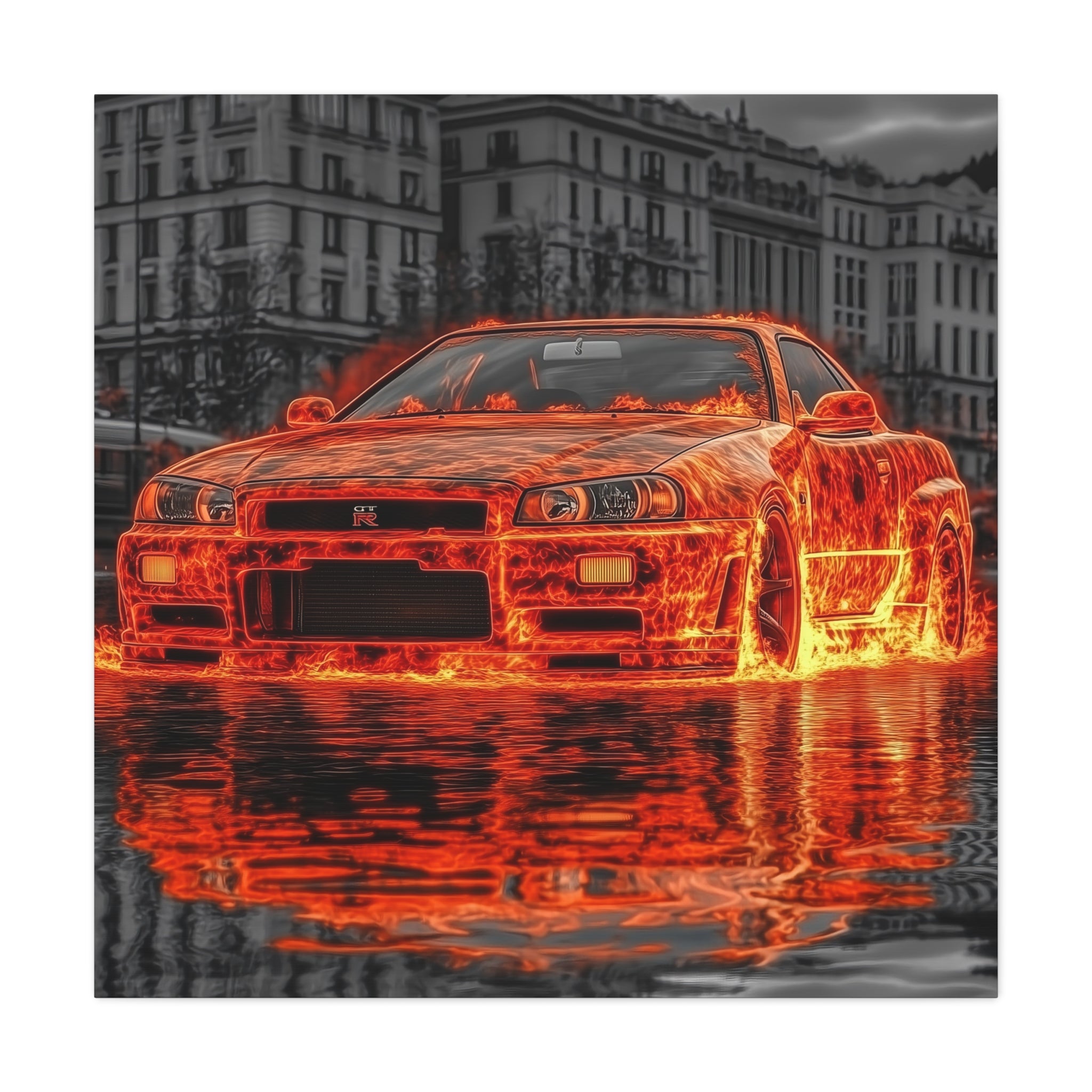 Nissan R34 GTR on Fire canvas print