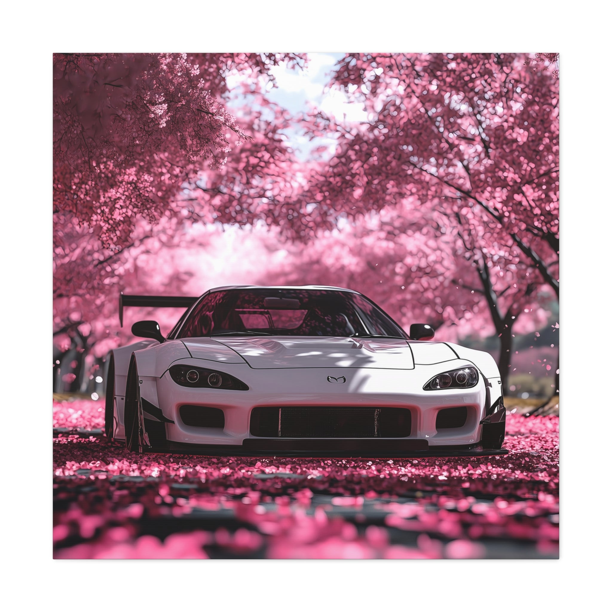 Stretched Canvas Art - White Mazda RX7 in Pink Cherry Blossom Scene