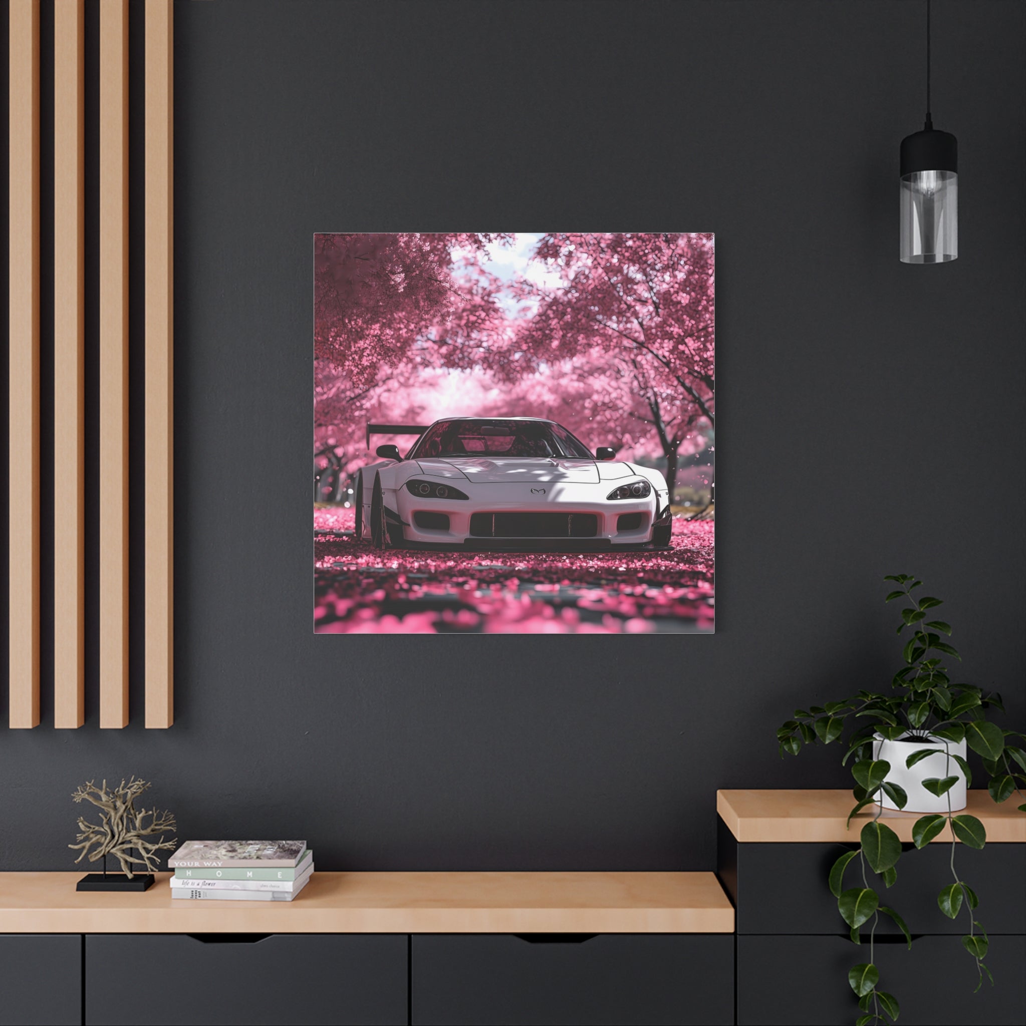 Stretched Canvas Art - White Mazda RX7 in Pink Cherry Blossom Scene
