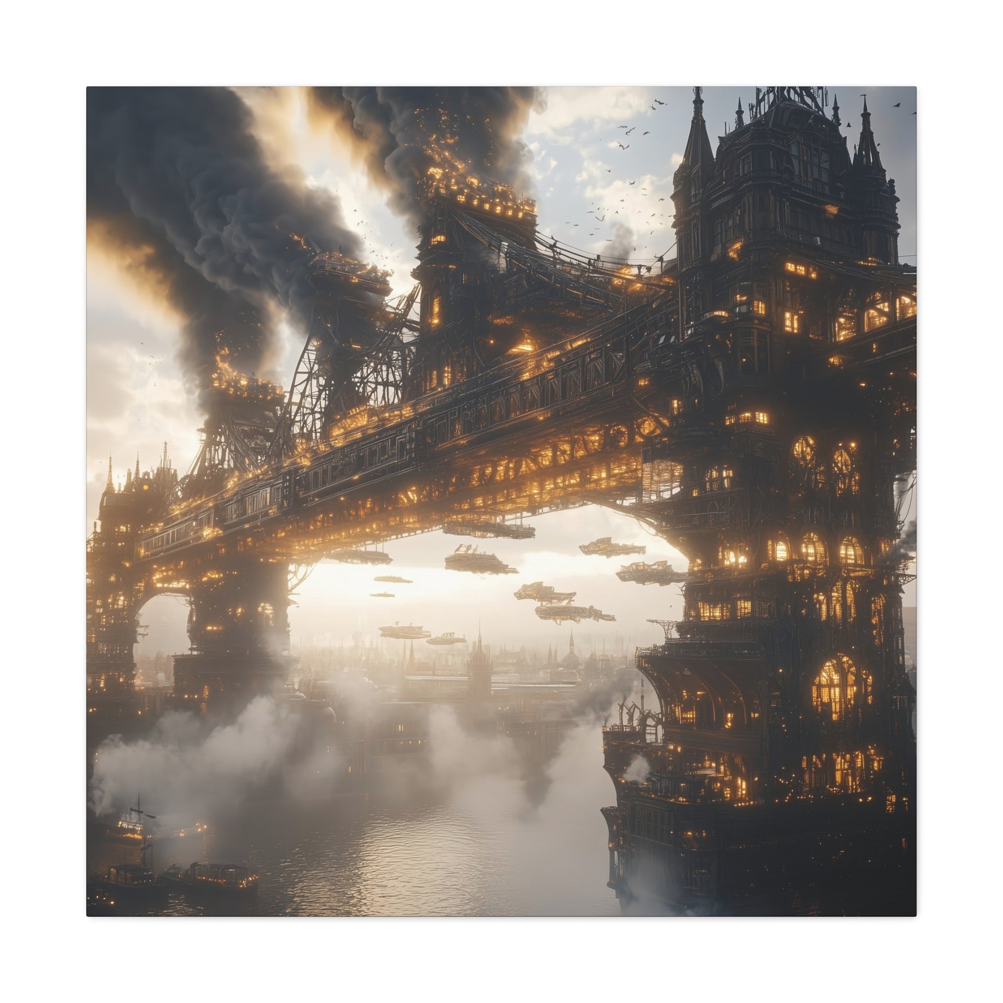 Steampunk London Bridge Canvas Art Print, Wall Decor for Home, Unique Gift for Art Lovers, Fantasy Landscape Decor, Gothic Interior Design