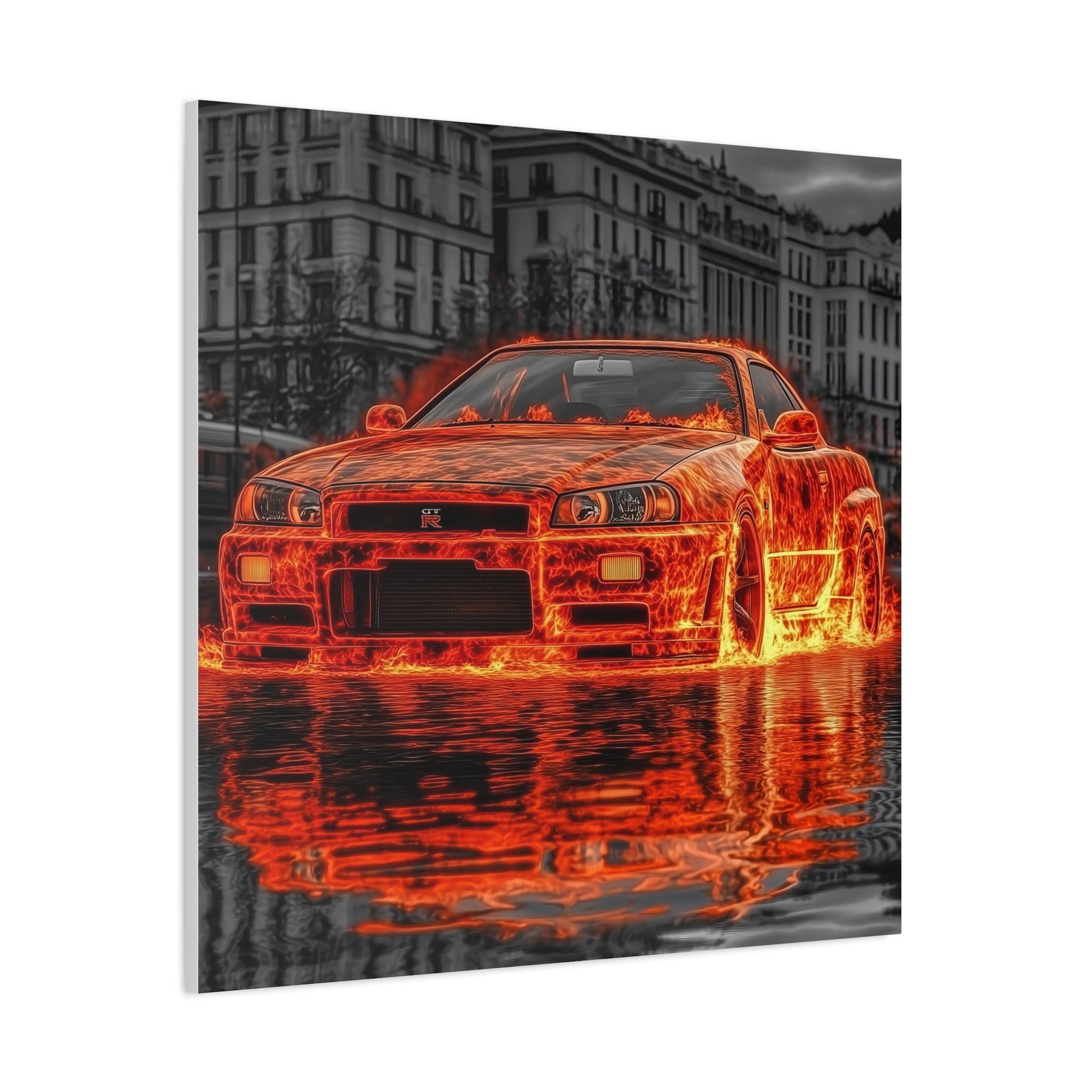 Nissan R34 GTR on Fire canvas print