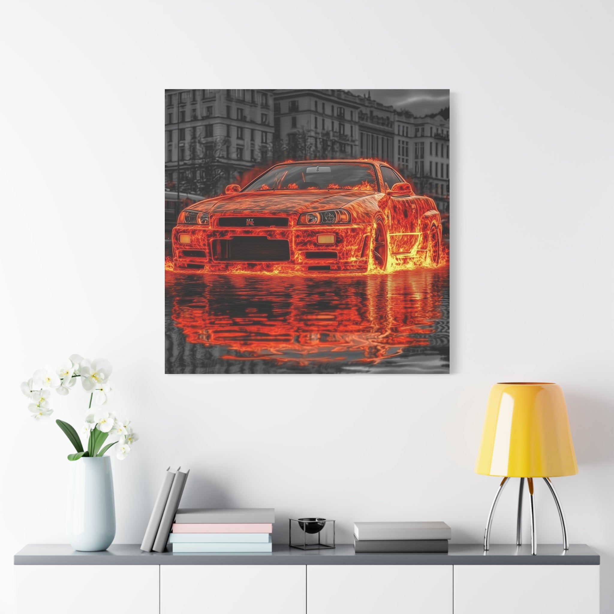 Nissan R34 GTR on Fire canvas print