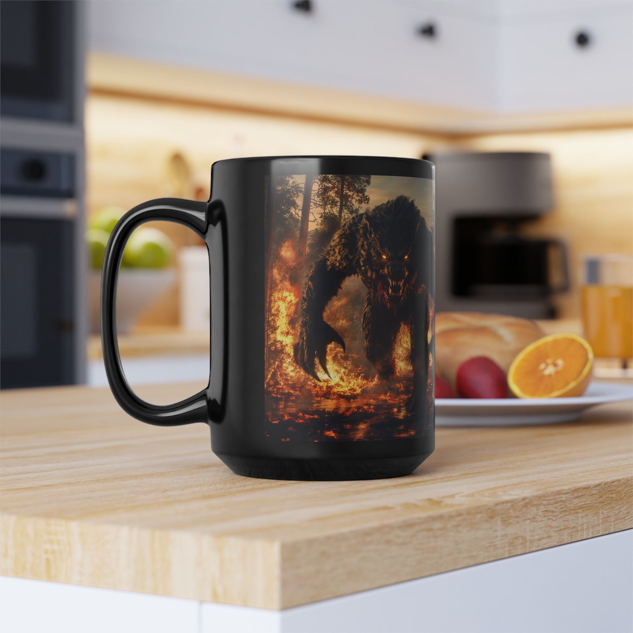 15oz Black Coffee Mug With Werewolf Design - 'You Wouldn't Like Me Without My Coffee'