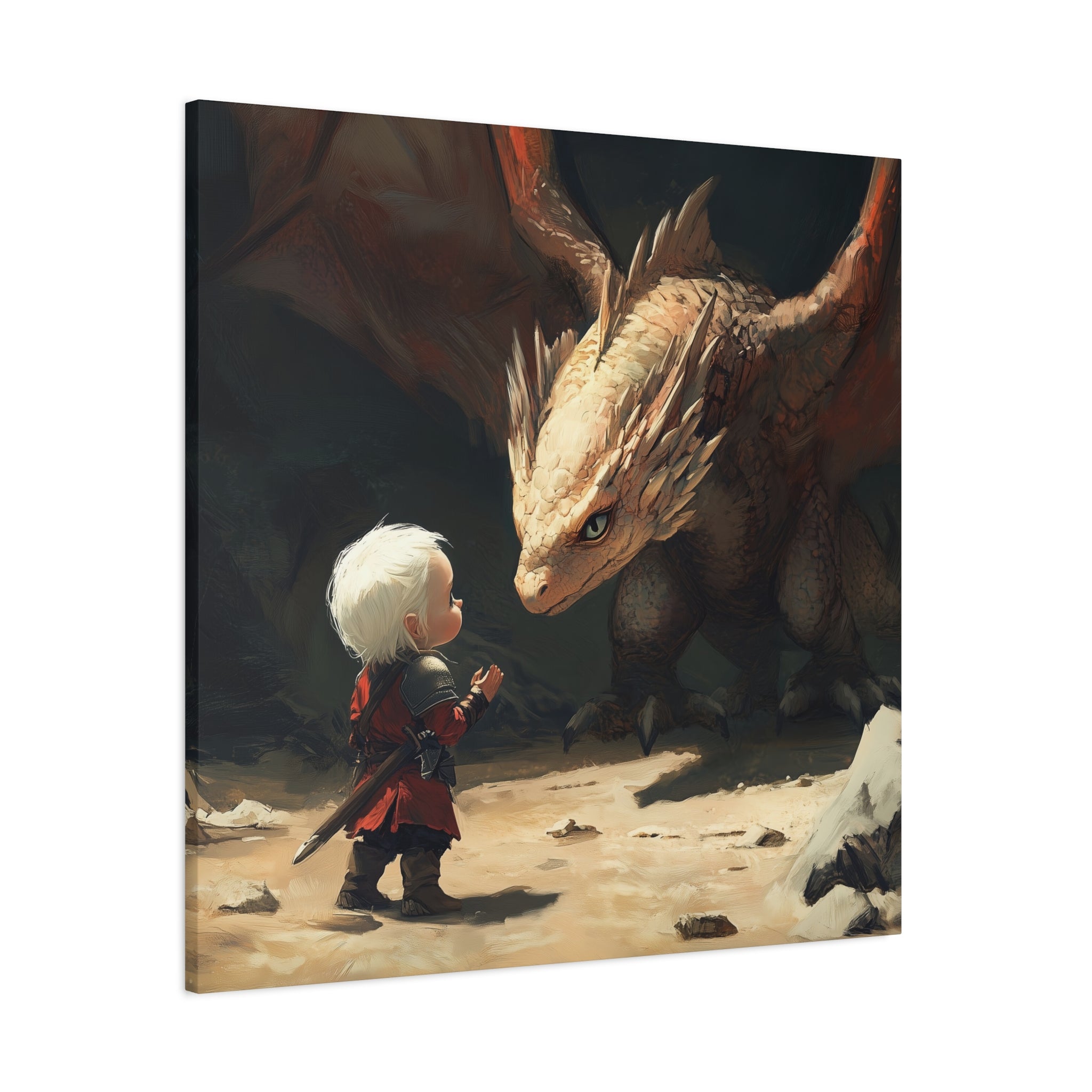 Baby Witcher Facing a Baby Wyvern Fantasy Adventure Canvas Art, Whimsical Wall Decor, Kids Room Decor, Birthday Gift, Game Room Art