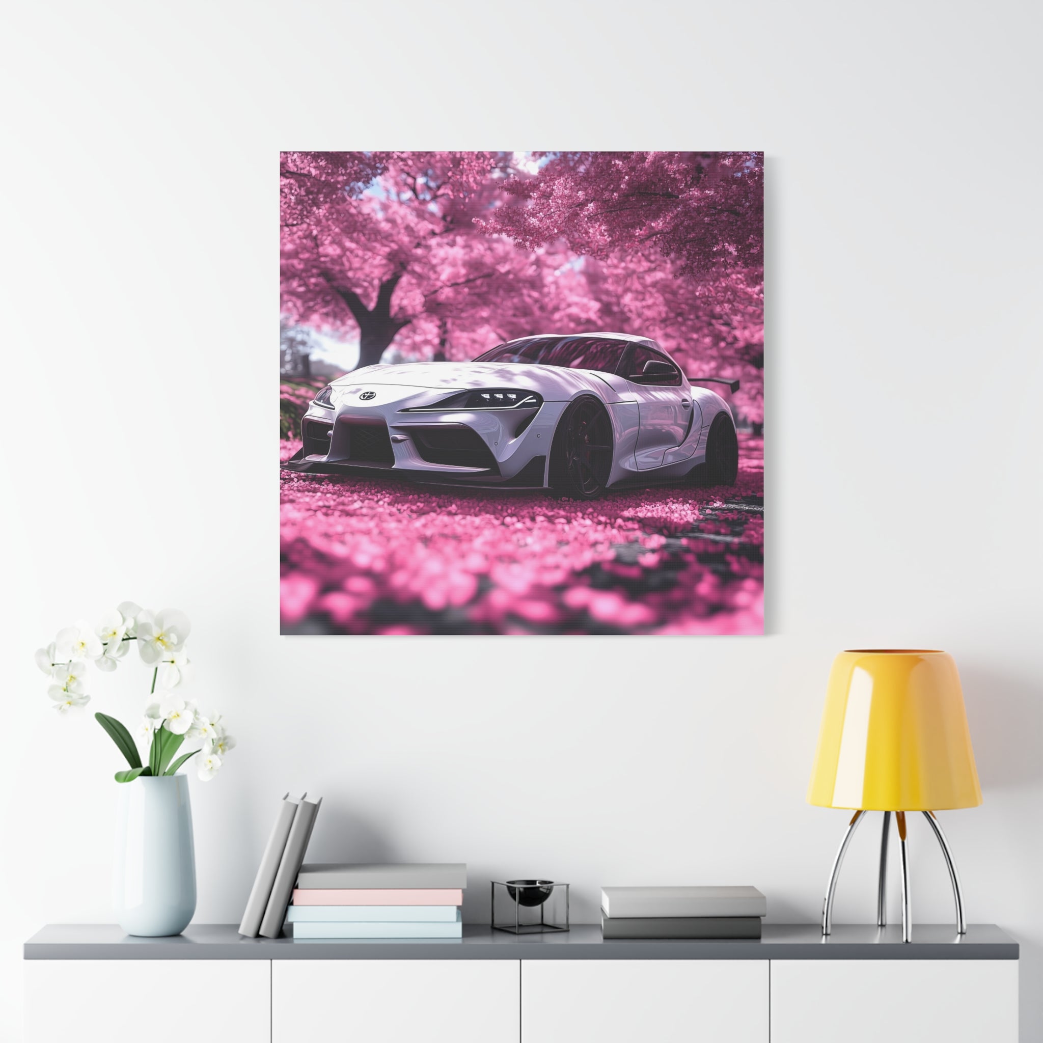 Pink Cherry Blossom Wall Art - Matte Canvas with Toyota Supra