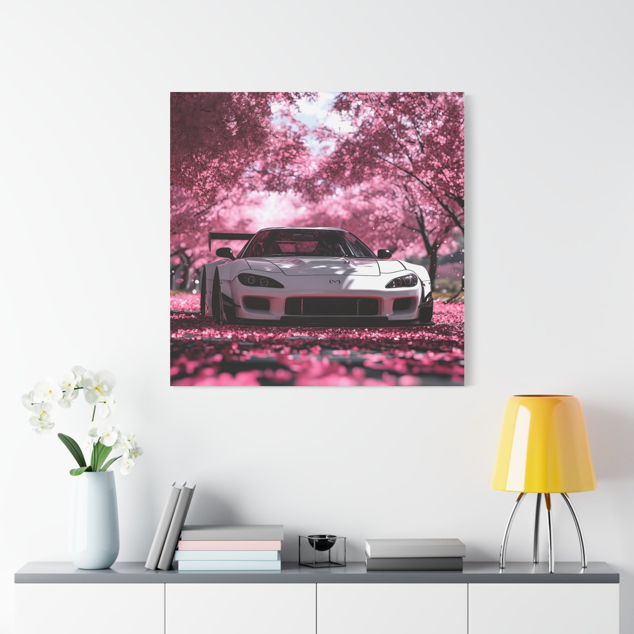 Stretched Canvas Art - White Mazda RX7 in Pink Cherry Blossom Scene