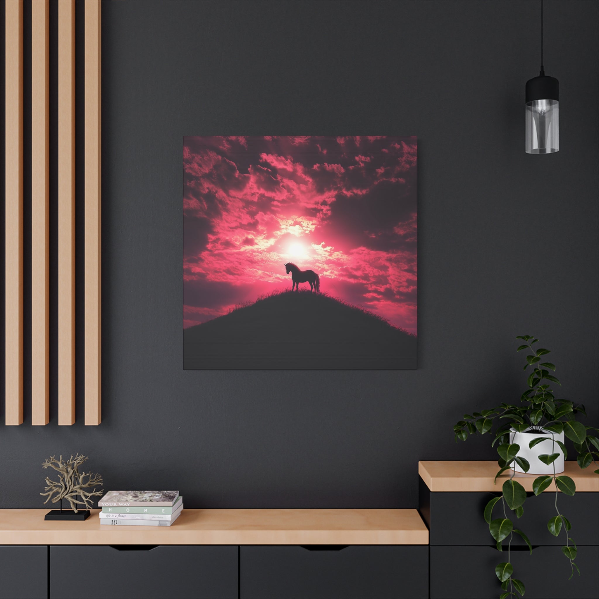 Canvas Wall Art - Majestic Horse Silhouette in Pink Sunset, Horse Decor, Equine Art, Home Decoration, Gift for Horse Lovers